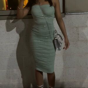 sage green sparkle scrunch dress